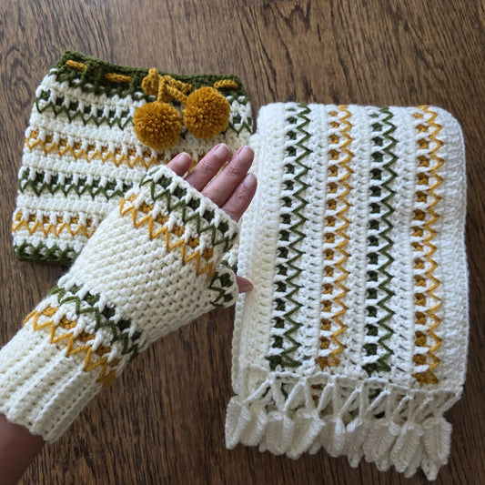 Crocheti 3 in 1 Scarf Beanie Fingerless Gloves Crochet Pattern - Versatile Winter Accessory