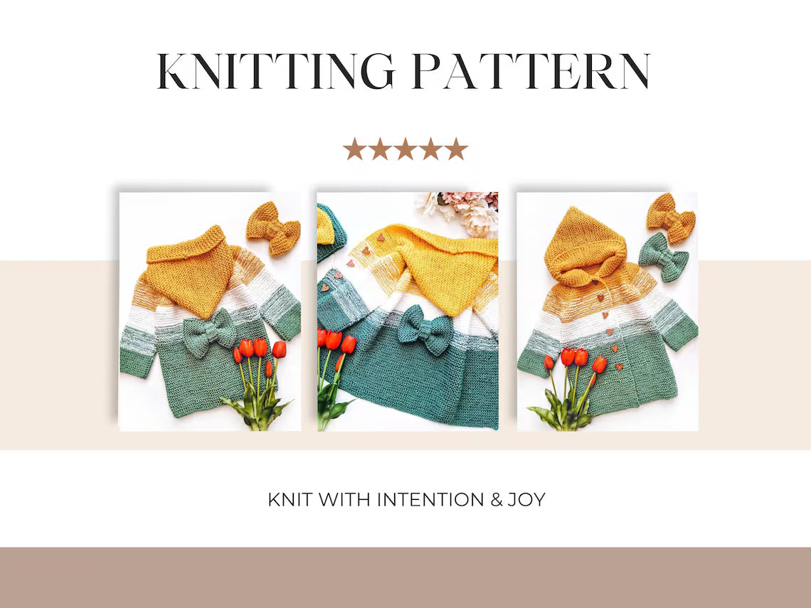 Crocheti Baby Hoodie Knitting Pattern with Bow and Heart Buttons - Perfect for Cozy Warmth
