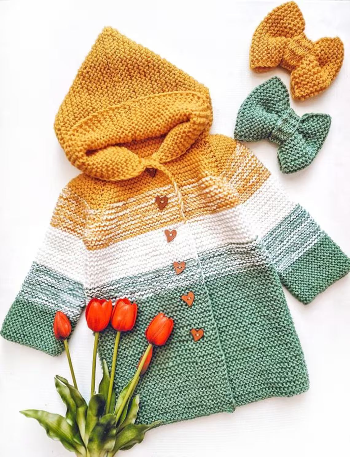 Crocheti Baby Hoodie Knitting Pattern with Bow and Heart Buttons - Perfect for Cozy Warmth